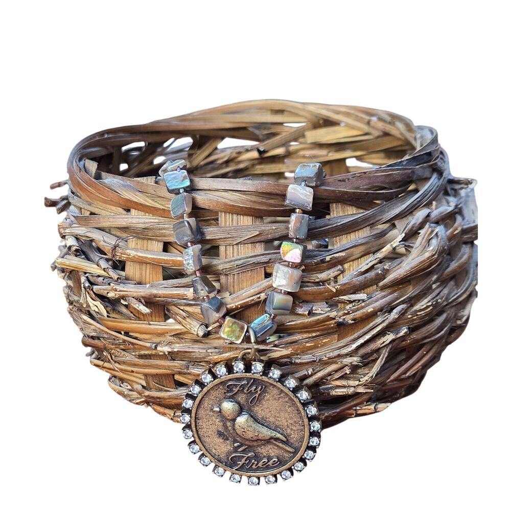 Handmade Fly Free Bird Necklace Abalone Shell Beads + Rhinestones